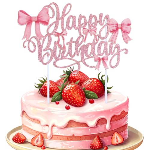 Tyqour Happy Birthday Tortendeko Rosa Schleife Tortendeko Rosa Happy Birthday Cake Topper mit Schleife Kuchendeko Glitter Torten Deko Geburtstag Kuchen Deko für Mädchen,Kinder,Party Kuchen Desserts von Tyqour