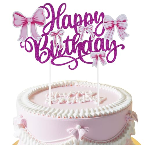 Tyqour Cake Topper Happy Birthday Rot Schleife Tortendeko, Happy Birthday Tortendeko Kuchendeko mit Schleife Glitter Torten Deko Geburtstag Kuchen Deko für Mädchen,Kinder,Party Kuchen Desserts von Tyqour