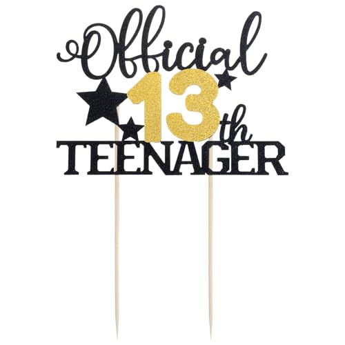 Tyqour Offiziell Teenager 13 Cake Topper 13 Geburtstag Jungen Mädchen Gold Schwarz Official Teenager 13th Birthday Cupcake Toppers Official Teenage Glitter für 13. Geburtstag Kuchendeko Dekoration von Tyqour