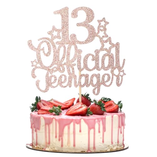 Tyqour Rose 13.Geburtstag Tortendeko Rose Official Teenager 13th Birthday mit Papierkarte Cupcake Toppers 13 Happy Birthday Kuchen Deko Glitter für 13. Geburtstag Kuchendeko Dekoration Mädchen Jungen von Tyqour
