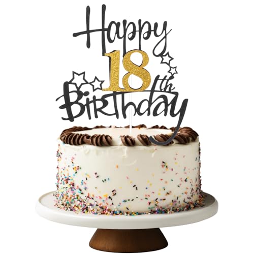Tyqour Tortendeko 18 Geburtstag Junge Mädchen, Happy 18th Birthday Tortendeko Gold Schwarz Happy 18th Birthday Cake Topper Kuchen Topper Kuchendeko Cake-Topper für Party Dekoration von Tyqour