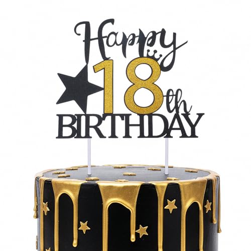 Tyqour Tortendeko 18. Geburtstag Junge Mädchen, Sterne Gold Schwarz Kuchen Deko 18th Geburtstag Kuchendeko Happy 18th Birthday Cake Topper Tortenaufsätze für 18 Geburstagstorte Deko von Tyqour