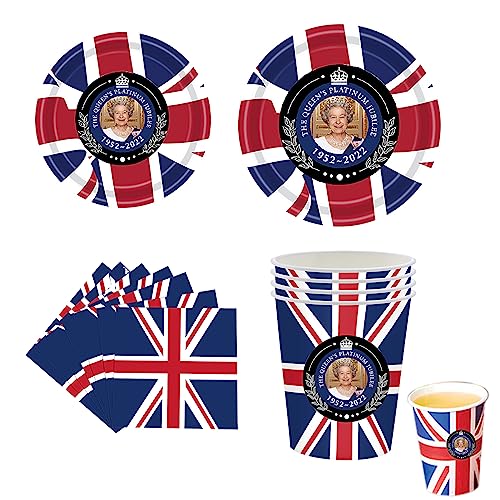 Tytlyworth Union Jack Partyzubehör, Partyset mit britischer Flagge, 114-teiliges Union Jack-Geschirrset, Serviettenbecher-Geschirrset, britisches Flaggen-Design mit Ziehfahne für Partygeschenke, große von Tytlyworth