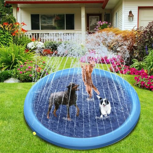 Hundepool für Hunde 100-170CM Faltbarer Splash Sprinkler Pad Verdickt Anti-Rutsch Hunde Wasserspielzeug, Umweltfreundlich Langlebig Planschbecken Hund Rutschfestes Spritzpad (Blau, 150cm) von Tyuffghet