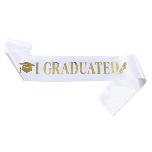 Tyuffghet 2025 Schwarze Schärpe zum Schulabschluss, goldfarbener Glitzer, Buchstabe "I Graduated", Fleckenschärpe für Abschlussfeier, Party-Zubehör (weiß) von Tyuffghet