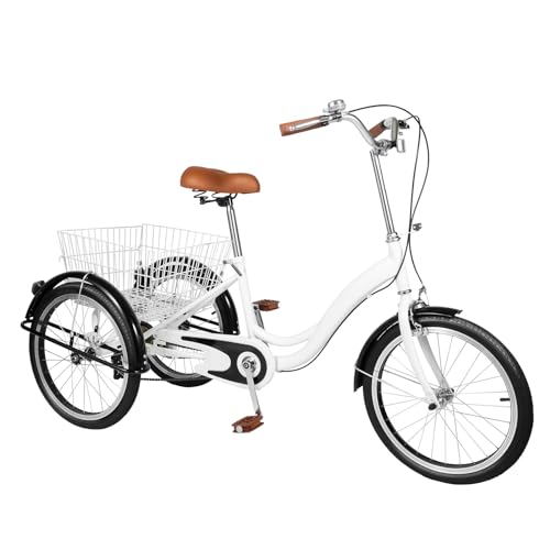 20 Zoll Dreirad, 3 Räder Fahrrad mit Hintere Korb, Einstellbaren Sitz 71-87cm und Lenkrad 95,5-103,5cm, Adult Fahrrad für Männer, Frauen, ältere Menschen und Erwachsene (Weiß) von Tyvotrend
