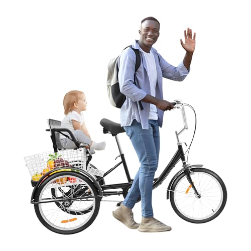 20 Zoll Dreirad für Erwachsene, 3 Räder Single-Speed Fahrrad mit Hintere Korb und Kindersitz, Verstellbarer Lenkerhöhe und Sattelhöhe, für Erholung Einkaufen Transport von Tyvotrend