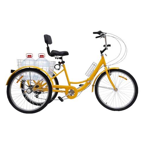24 Zoll Dreirad, Faltbare 3 Rad Fahrrad, Dreiräder Ausgestattet mit Einkaufskorb, 7-Gang-Schaltung, LED-Scheinwerfer, Einstellbar Sitze und Armlehnen, für Erwachsene (Gelb) von Tyvotrend