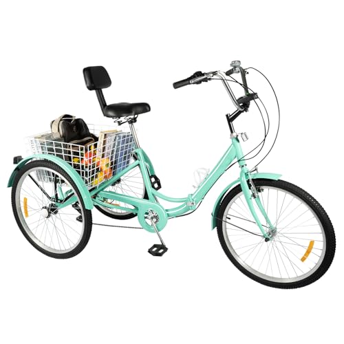 24 Zoll Dreirad, Faltbare 3 Rad Fahrrad, Dreiräder Ausgestattet mit Einkaufskorb, 7-Gang-Schaltung, LED-Scheinwerfer, Einstellbar Sitze und Armlehnen, für Erwachsene (Grün) von Tyvotrend
