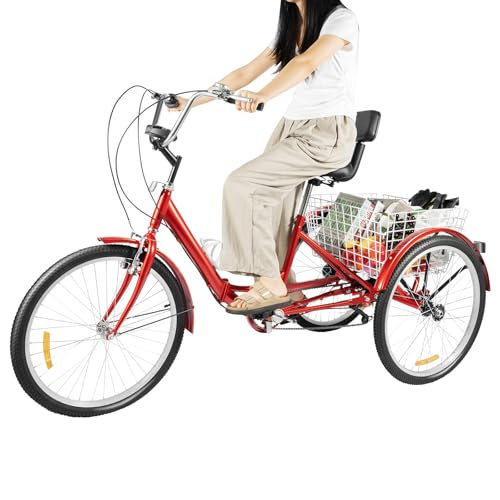 24 Zoll Dreirad, Faltbare 3 Rad Fahrrad, Dreiräder Ausgestattet mit Einkaufskorb, 7-Gang-Schaltung, LED-Scheinwerfer, Einstellbar Sitze und Armlehnen, für Erwachsene (Rot) von Tyvotrend