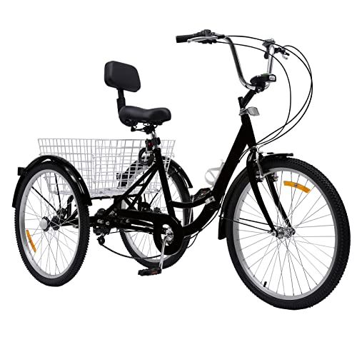 24 Zoll Dreirad, Faltbare 3 Rad Fahrrad, Dreiräder Ausgestattet mit Einkaufskorb, 7-Gang-Schaltung, LED-Scheinwerfer, Einstellbar Sitze und Armlehnen, für Erwachsene (Schwarz) von Tyvotrend