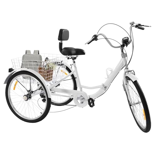 24 Zoll Dreirad, Faltbare 3 Rad Fahrrad, Dreiräder Ausgestattet mit Einkaufskorb, 7-Gang-Schaltung, LED-Scheinwerfer, Einstellbar Sitze und Armlehnen, für Erwachsene (Weiß) von Tyvotrend