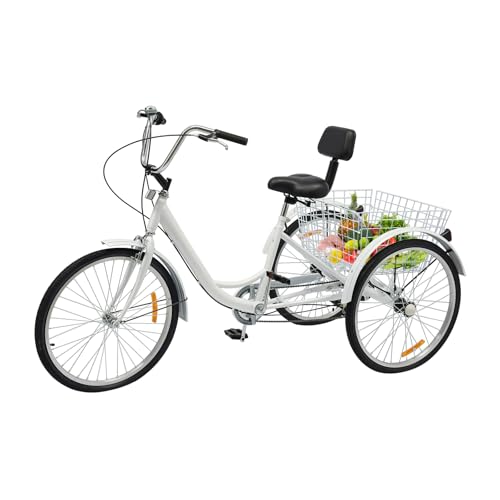 24 Zoll Dreirad for Erwachsene, 3 Rad Fahrrad mit Korb, 6-Gang Getriebe, Sitz mit Rückenlehne, Einstellbare Kissenhöhe 80-90cm und Griffhöhe 100cm-130cm, für Mann Frau (Weiß) von Tyvotrend