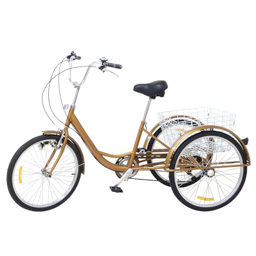 24 Zoll Dreirad mit Lichtern, 3 Räder Fahrrad mit Korb, 6 Gänge Geschwindigkeiten, Verstellbares Höhe der Armlehne und Sitzhöhe, für Erwachsene, Männer & Frauen (Gold) von Tyvotrend