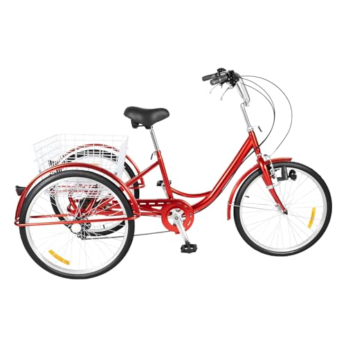 24 Zoll Dreirad mit Lichtern, 3 Räder Fahrrad mit Korb, 6 Gänge Geschwindigkeiten, Verstellbares Höhe der Armlehne und Sitzhöhe, für Erwachsene, Männer & Frauen (Rot) von Tyvotrend