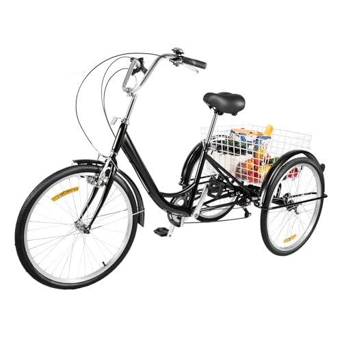 24 Zoll Dreirad mit Lichtern, 3 Räder Fahrrad mit Korb, 6 Gänge Geschwindigkeiten, Verstellbares Höhe der Armlehne und Sitzhöhe, für Erwachsene, Männer & Frauen (Schwarz) von Tyvotrend