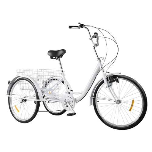 24 Zoll Dreirad mit Lichtern, 3 Räder Fahrrad mit Korb, 6 Gänge Geschwindigkeiten, Verstellbares Höhe der Armlehne und Sitzhöhe, für Erwachsene, Männer & Frauen (Weiß) von Tyvotrend