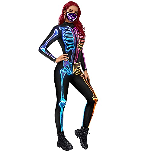 U LOOK UGLY TODAY Halloween Kostüm Damen Jumpsuit Bodysuit Cosplay Kostüm Halloween Weihnachten Fest Verkleidungsparty Karneval Lightning Skeleton L von U LOOK UGLY TODAY