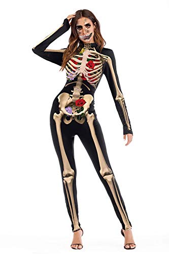 U LOOK UGLY TODAY Halloween Kostüm Damen Jumpsuit Bodysuit Cosplay Kostüm Halloween Weihnachten Fest Verkleidungsparty Karneval Rose Skeleton-1 L von U LOOK UGLY TODAY