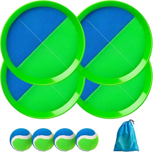 U&C Planet Klettballspiel Wurfspiel Kinder 3-12 Jahre alt 2er Set Strandbälle 4 Paddel & 4 Bälle mit 1 Aufbewahrungstasche Toss und Catch Ball Familie Outdoor Spiele, blau und grün von U&C Planet