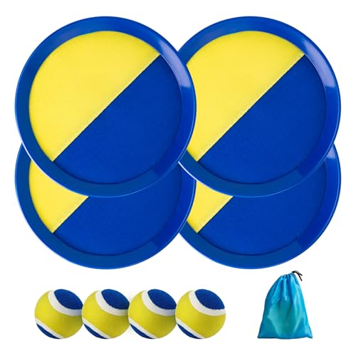 U&C Planet Klettballspiel Wurfspiel Kinder 3-12 Jahre 2er Set Strandbälle Klettball 4 Paddel & 4 Bälle mit 1 Aufbewahrungstasche Toss und Catch Ball Familie Outdoor Spiele, blau und gelb von U&C Planet