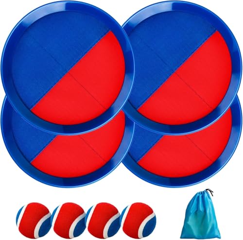 U&C Planet Klettballspiel Wurfspiel Kinder 3-12 Jahre alt 2er Set Strandbälle 4 Paddel & 4 Bälle mit 1 Aufbewahrungstasche Toss und Catch Ball Familie Outdoor Spiele, blau und rot von U&C Planet