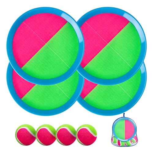 U&C Planet Klettballspiel Wurfspiel Kinder 3-12 Jahre alt 2er Set Strandbälle 4 Paddel & 4 Bälle mit 1 Aufbewahrungstasche Toss und Catch Ball Familie Outdoor Spiele, rosa und grün von U&C Planet