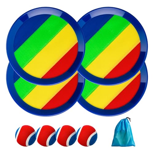 U&C Planet Klettballspiel Wurfspiel Kinder 3-12 Jahre alt 2er Set Strandbälle 4 Paddel & 4 Bälle mit 1 Aufbewahrungstasche Toss und Catch Ball Familie Outdoor Spiele, Regenbogen von U&C Planet