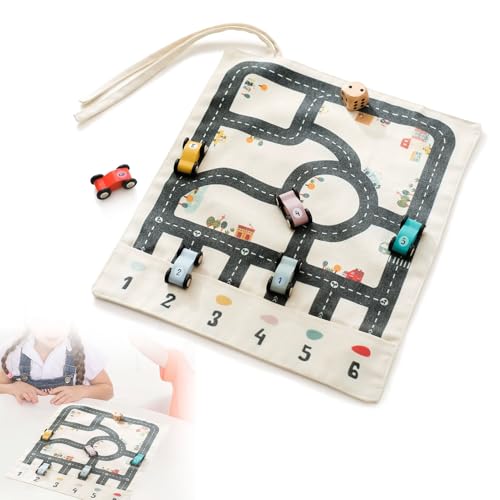 Canvas Car Toy Set with 6 Wooden Cars, Traffic Playset Canvas Slot Car Race Track Sets with Car Adventure Travel Game Road Map for Kids von UATARU