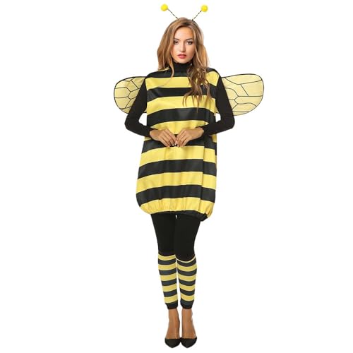 UATARU Kids Adult Bee Costume Set, Yellow Honey Bee Dress with Wings Headband Leg Sleeves, Halloween Dress Up Party Cosplay Carnival Costume (Kid, 120) von UATARU