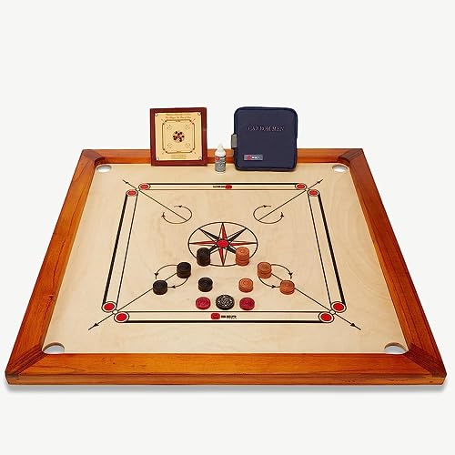 Carrom Board Set offizielle Größe 7 kg - 74cm x 74cm interner Spielbereich - India Hartholz Qualität - Komplettes Set mit Offiziellen Scheiben und Pulver (Brett Spielbereit) von UBERGAMES