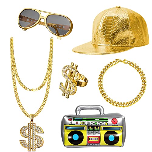 UBERMing Hip Hop Kostüm 6er Set Enthält Aufblasbare Radio Boombox Golden Baseball Cap Personalisiert Goldene Dollar Kette Brille Armband & Ring 80er 90er Jahr Rapper Zubehör für Fasching Karneval UBERMing Hip Hop Kostüm 6er Set Enthält Aufblasbare Radio Boombox Golden Baseball Cap Personalisiert Goldene Dollar Kette Brille Armband & Ring 80er 90er Jahr Rapper Zubehör für Fasching Karneval von UBERMing