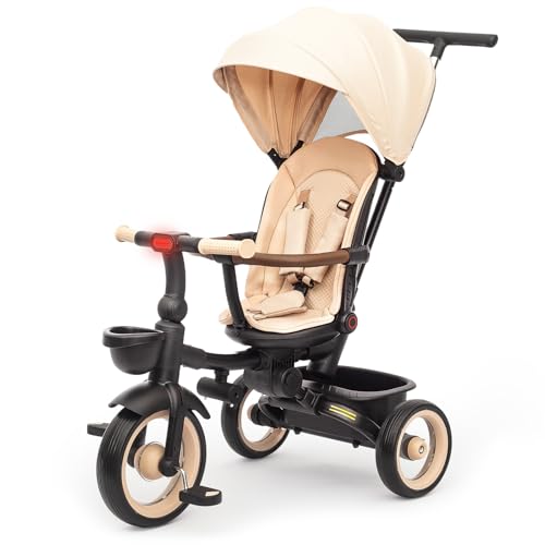 UBRAVOO Baby Dreirad,7-in-1 Klappdreirad für Kinder ab 6 Monaten bis 5 Jahr, Scheinwerfer,Bremspedal,Erweitertes Verdeck,Abnehmbares Geländer,Geländegängiger Kinderwagen mit Lauf&Lenkfunktion von UBRAVOO