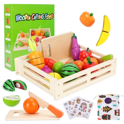 UCAMP Kinderküche Spielküche Zubehör aus Holz - Kinderküche Zubehör - Holzspielzeug mit Obst & Gemüse zum Schneiden,Lernspielzeug für Rollenspiele - Geschenk für Kinder von UCAMP