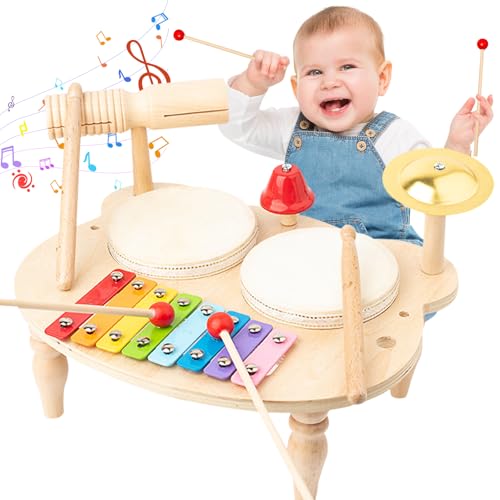 UCAMP Schlagzeug 10-in-1 Musikinstrumente für Kinder Ab 1-3 Jahre Mit Xylophon, Holzspielzeug, Musical Percussion Instrument Tisch - Geschenk für Jungen Und Mädchen von UCAMP