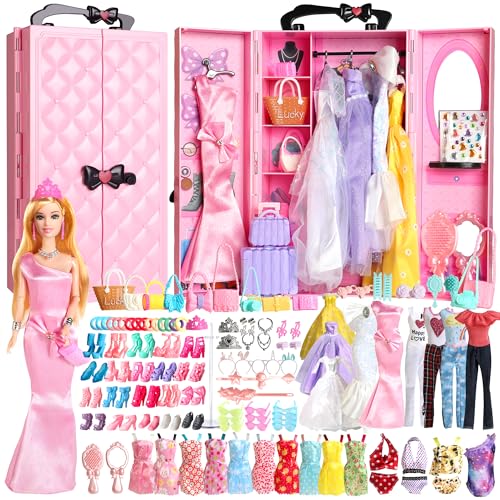UCanaan 180-teiliges Puppenkleider-Set mit Accessoires，Prinzessinnenkleider, Kleider, Tops, Hosen, Schuhe & Kleiderbügel，Komplettes Puppen-Garderoben-Set，Ideal für Kinder ab 3 Jahren von UCanaan