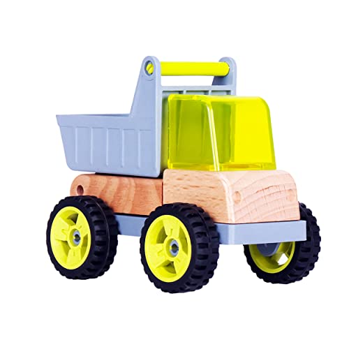 UDEAS Kipplaster Holzfahrzeuge, Spielzeug ab 3 Jahre Junge, Mechanischer Kipplastwagen, Schwarze Räder und leuchtende Farben, Sandspielzeug Fahrzeuge aus Holz von UDEAS
