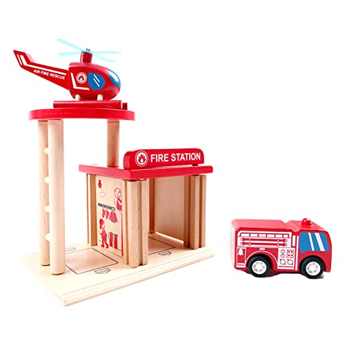 UDEAS Feuerwehr Spielzeug Set: Holzspielzeug mit 2 Fahrzeugen - Feuerwehrauto und Hubschrauber für Kinder ab 3 Jahren. Lernspielzeug Feuerwache aus Holz kleine Feuerwehrfans. von UDEAS