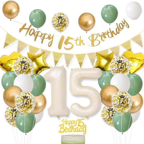 15 Geburtstag mädchen Junge,Deko 15. geburtstag mädchen,Salbeigrüne Geburtstagsdeko 15 jahre Mädchen,Folienballon Zahl Luftballon 15.Geburtstag Happy Birthday Girlande Geburtstagsdeko Mädchen 15 Jahr 15 Geburtstag mädchen Junge,Deko 15. geburtstag mädchen,Salbeigrüne Geburtstagsdeko 15 jahre Mädchen,Folienballon Zahl Luftballon 15.Geburtstag Happy Birthday Girlande Geburtstagsdeko Mädchen 15 Jahr von UDRKFOPK