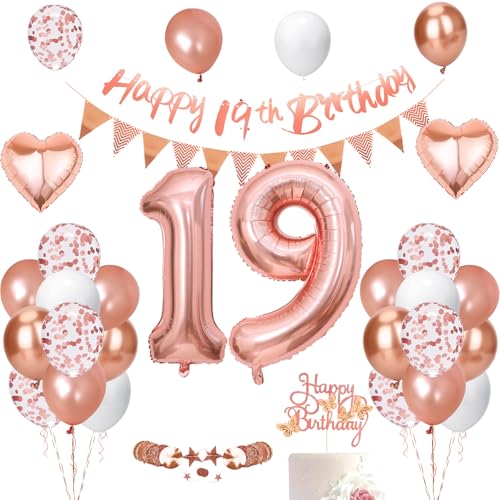 19 Geburtstag Mädchen,19 geburtstag mädchen Roségold,Geburtstagsdeko 19 jahre Luftballons 19.geburtstag Happy Birthday Girlande,Ballon 19 Deko von UDRKFOPK