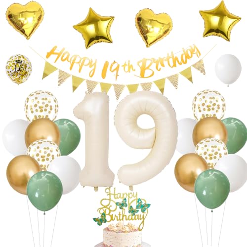 19 Geburtstag Mädchen Junge,Deko 19. geburtstag Mädchen,Salbeigrüne Geburtstagsdeko 19 jahre Mädchen,Folienballon Zahl Luftballon 19.Geburtstag Happy Birthday Girlande GeburtstagsdekoMädchen 19 Jahr von UDRKFOPK