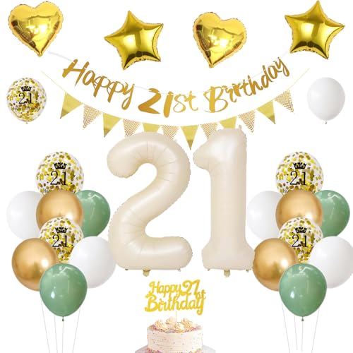 21 Geburtstag Frauen Männer ,Deko 21. geburtstag Frauen,Salbeigrüne Geburtstagsdeko 21 jahre Frauen,Folienballon Zahl Luftballon 21.Geburtstag Happy Birthday Girlande Geburtstagsdeko Frauen 21 Jahr von UDRKFOPK