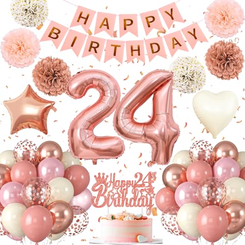 24.Geburtstag Dekoration,24 geburtstag Frau Rosa Rosegold,Geburtstagsdeko 24 jahre Frau,Luftballons 24.geburtstag Happy Birthday Girland Ballon 24 Deko zum Geburtstags,Geburtstagsdeko 24 Jahre von UDRKFOPK
