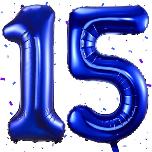 Dunkelblau Luftballon 15,Zahlen Luftballon Dunkelblau,40 Zoll Folienballon 1&5,Zahlenballon 15 Helium Ballon Luftballon 15 Geburtstag für 15th Geburtstagsdeko Mädchen Junge Jubiläum Party Deko von UDRKFOPK