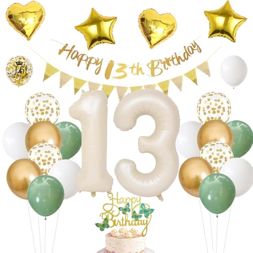 Luftballons 13.Geburtstag Beige,Geburtstagsdeko 13 jahr für Jungen Mädchen,Grün gold ballon 13 Geburtstag,13 Luftballons geburtstag Tortendeko für Baby Dusche Geburtstags party Dekoration von UDRKFOPK