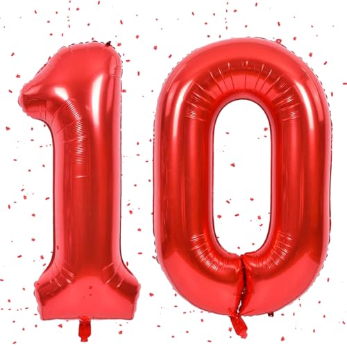 Rot Luftballon 10,Zahlen Luftballon Rot,40 Zoll rot Folienballon 10,101cm Zahlenballon 10 Helium Ballon luftballon 10 Geburtstag für Geburtstagsdeko Kinder Mädchen Junge von UDRKFOPK