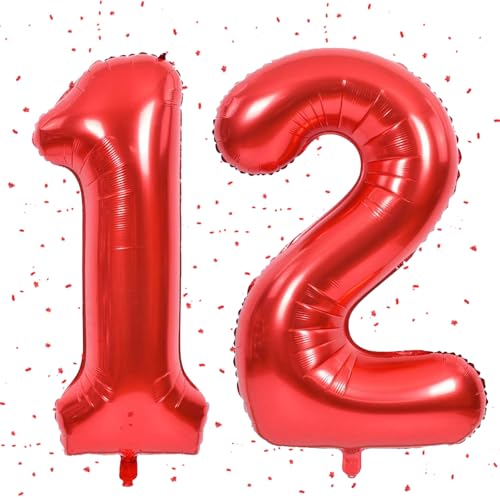 Rot Luftballon 12,Zahlen Luftballon Rot,40 Zoll Folienballon 1&2,Zahlenballon 12 Helium Ballon Luftballon 12 Geburtstag für 12th Geburtstagsdeko Mädchen Junge Jubiläum Party Deko von UDRKFOPK