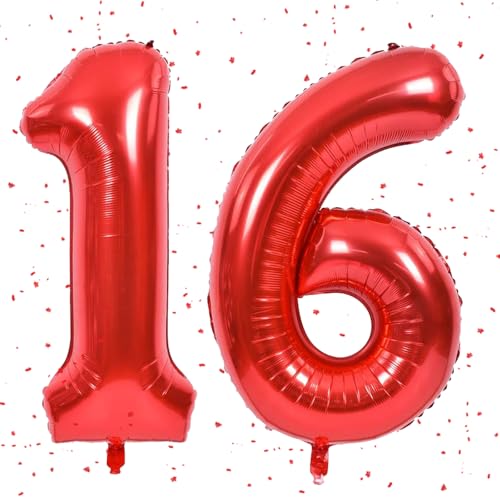 Rot Luftballon 16,Zahlen Luftballon Rot,40 Zoll Folienballon 1&6,Zahlenballon 16 Helium Ballon Luftballon 16 Geburtstag für 16th Geburtstagsdeko Mädchen Junge Jubiläum Party Deko von UDRKFOPK