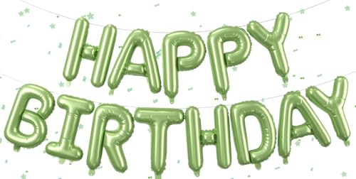 Salbei Grün Happy Birthday Ballons Banner,Happy Birthday Luftballon Girlande 16 Zoll Grün Folie Happy Birthday Folienballon Luftballon Helium Ballon Geburtstagsballon Banner für Geburtstag Party von UDRKFOPK
