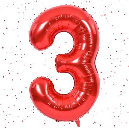 Zahlen Luftballon Rot,Rot luftballon 3, 40 Zoll Folienballon 3,101cm rot Zahlenballon 3 Helium Ballon luftballons 3 Geburtstag für 3 Jahre Geburtstagsdeko Kinder Mädchen Junge von UDRKFOPK